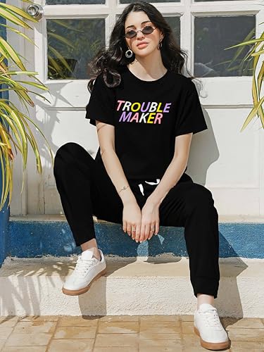 Image of ZEYO Night Suit for Women's Typography Printed Cotton Night Dress of Top and Joggers