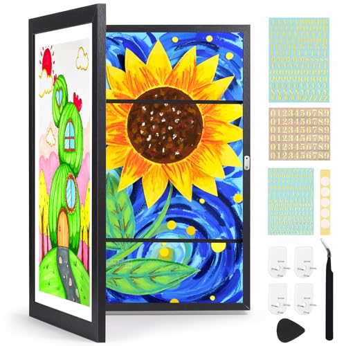 Bilderrahmen A3 für Kinderzeichnungen 34×46 cm, Schwarzer Wechselrahmen für bis zu 150 Kunstwerke, Präsentationsrahmen für Kinderkunst mit Magnetverschluss, kinder kunstrahmen frontöffnung a3