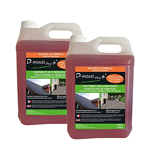 D-MOUSS PRO Démoussant Concentré Bidon 2x5L jusqu'à 1 000 m², Anti-Verdissure et Anti-Dépots Verts, Usage Multi Support (Toiture, Terasse, Façade, Pavé)