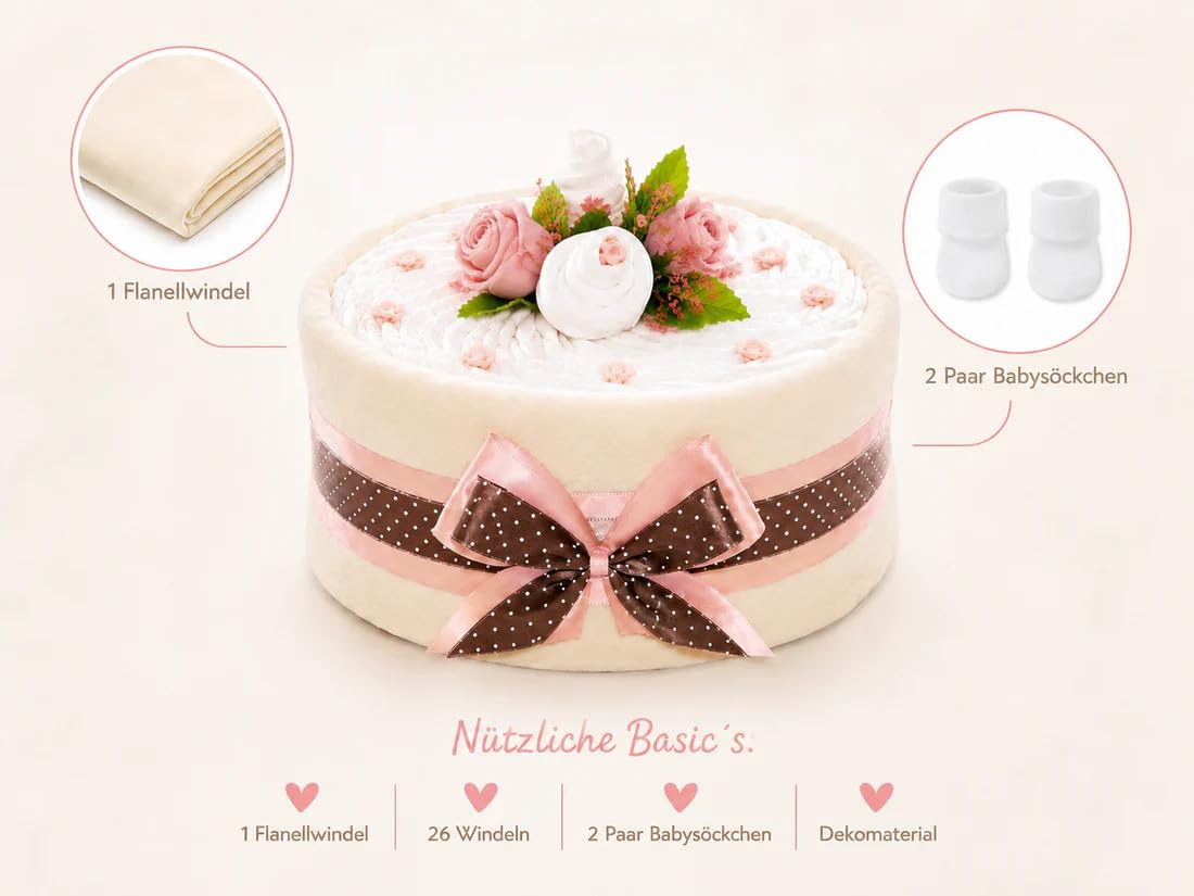 Windeltorte CAKEBOX für Mädchen rosa | Geschenk für Mädchen zur Geburt Babyparty Babyshower (rosa)