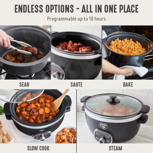 Image of GreenLife 6QT Slow Cooker, Non-Toxic PFAS-Free Ceramic Nonstick Removable Interior Bowl, Programmable, Family Friendly, Keep Warm, Stovetop & Oven Safe, Dishwasher Safe Crock, Timer, Glass Lid, Black