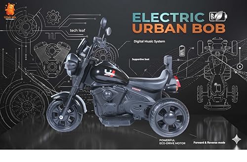 Image of Urban Tots 3-Wheel Electric Urban Bob Ride-On Bike for Kids | LED Lights, Music, USB & Bluetooth | Rechargeable Toy Bike | Age 3+ Years (Urban Bob, Black)