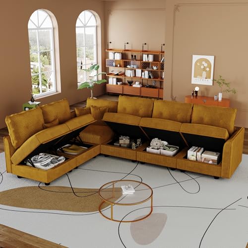 Image of LLappuil Corduroy Modular Sofa Set, 6-Seater Reversible L-Shaped Sectional Couch with Storage, Soft Fabric for Cozy Living Room, Apartment, Included Back Cushions & Throw Pillows, Yellow