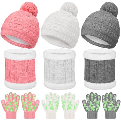 JaGely 9 Pcs Kids Hat Gloves Scarf Set for Winter Knit Beanie Hat with Pompom Neck Warmer Mittens Set for 5-10 Boys Girls
