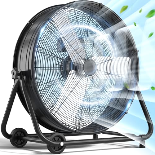 Image of LifePlus 24 Inch Industrial Drum Fan, High Velocity Floor Fan, 3 Speed Heavy Duty Metal Air Circulator, 360 Tilt with Casters Handle ETL Standard for Patios, Warehouse, Commercial, 8900 CFM