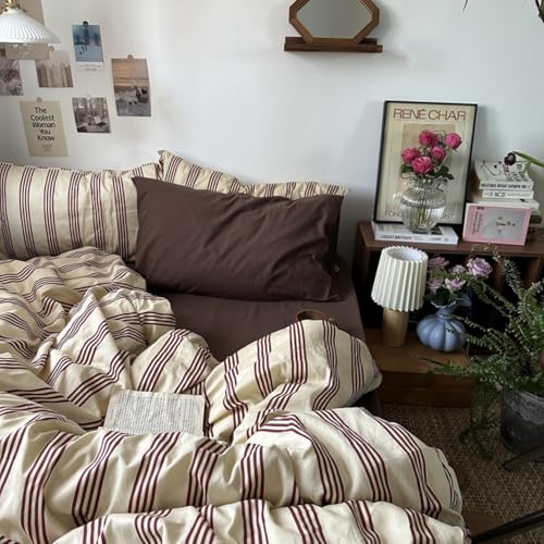 Image of Striped Duvet Cover Set Twin Size Reddish-Brown Stripes Comforter Cover Retro Vertical Ticking Stripes Pattern Soft Breathable Microfiber Bedding Set with Zipper Closure and 1 Pillowcase