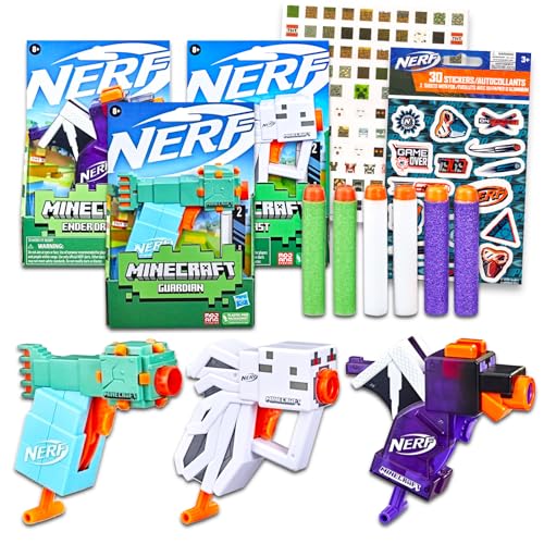 Nerf Minecraft Blasters Set - Bundle with 3 Outdoor Blaster Toys Featuring Ender Dragon, Guardian, and Ghast Plus Stickers, More