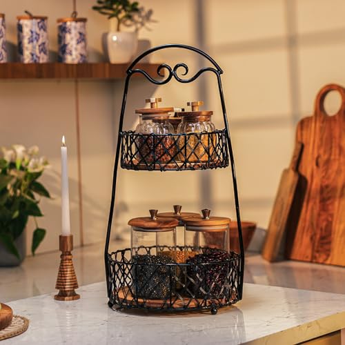 Image of Orbit Basket - Handcrafted Acacia Wood & Metal Storage Basket - Sturdy 2-Tier Organizer for Fruits, Vegetables & Kitchen Essentials