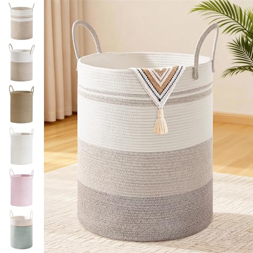 Image of 88L Large Tall Cotton Rope Laundry Basket with Handles, Brown Striped