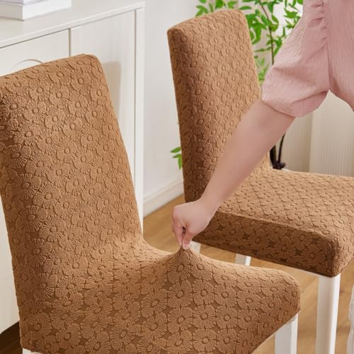 Image of HOMETHREADS Elastic Jacquard Chair Cover Stretch Removable Washable Short Dining Chair Cover Protector Seat Slipcover (D Beige, Pack of 2)