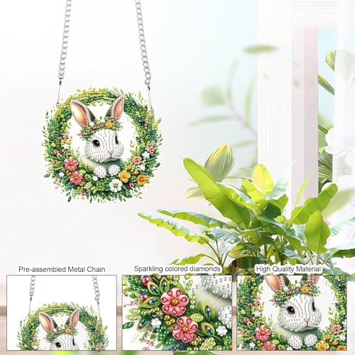 Image of DIY 5D Diamond Painting Hanging Kit Wreath Bunny Design, Easter Diamond Art Pendant, Floral Diamond Mosaic Craft for Wall, Window, or Home Decor, Handmade Gift for Adults