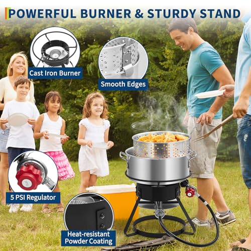 Outdoor Propane Deep Fryer with 58,000 BTU Cast Iron Burner, 11 QT Round Fish Fryer & 6.7 QT Basket, Heavy Duty Steel Rack for Backyard, Camping, Tailgating, Black