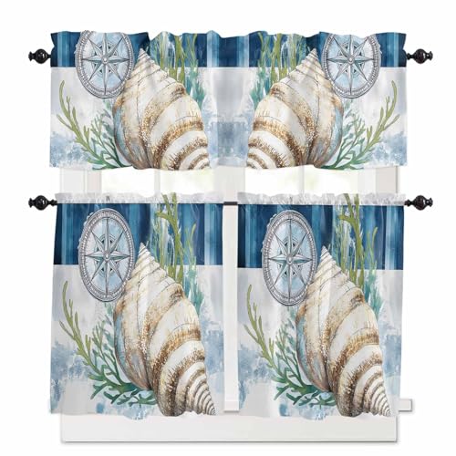 Nautical Compass Kitchen Curtains 36 Inch Length, 3 Piece Rod Pocket Small Half Tiers and Valance Set, Coastal Ocean Shell Seaweed Small Large Window Treatment Decor for Bedroom/Bathroom Sink