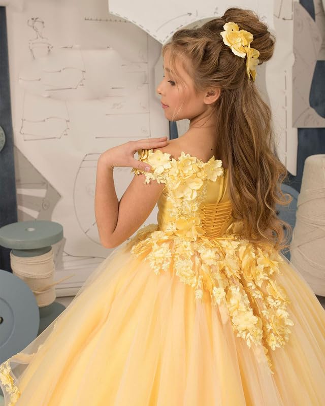 Flower Girl Dress Off Shoulder 3D Flowers Girls Ball Gown Tulle Long Pageant Dresses with Train4
