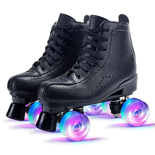 Rollschuhe für Mädchen/Frauen,Damen Klassische Retro Rollschuhe,4 Glänzend Rollschuhe Quad Kinder Skates,PU Leder Erwachsene Rollschuhe für Innen/Outdoor,ideal für Anfänger