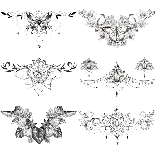 Butterfly Flower Chest Tattoo for Women, Large Realistic Leaf Bir...
