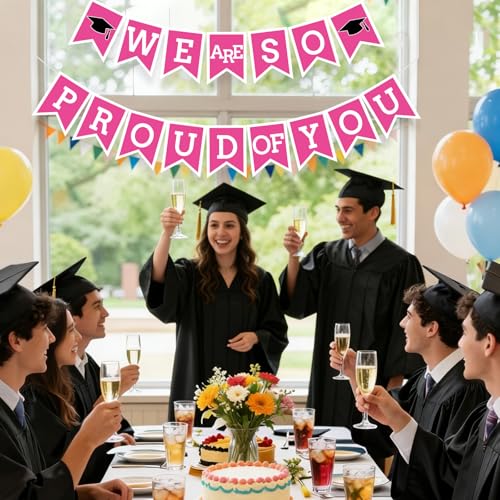 Image of Hot Pink We Are So Proud Of You Banner Congrats Grad Cap Bunting Flag Grad Party Decoration Idea
