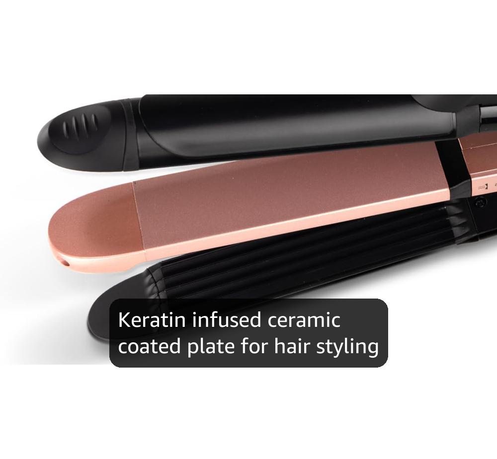 AGARO 3in1 Hair Styler, Straightener, Crimper, Curler For Women HS1119, Keratin Infused Ceramic Coated Plate, Variable Style Settings, Hair styling, Colour Black & Rose Gold