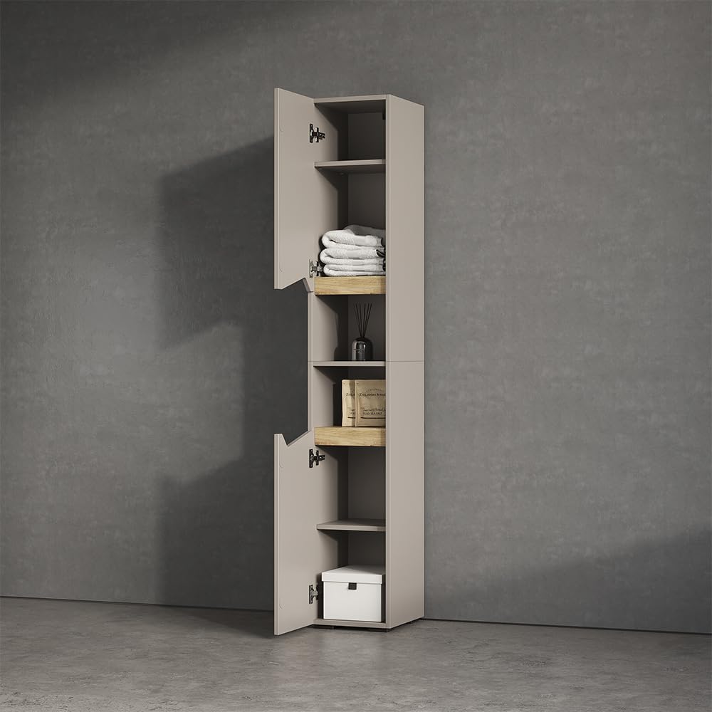 Livinity Armadio per il bagno Timavo, Grigio, 30 x 180 cm con porte e vani aperti