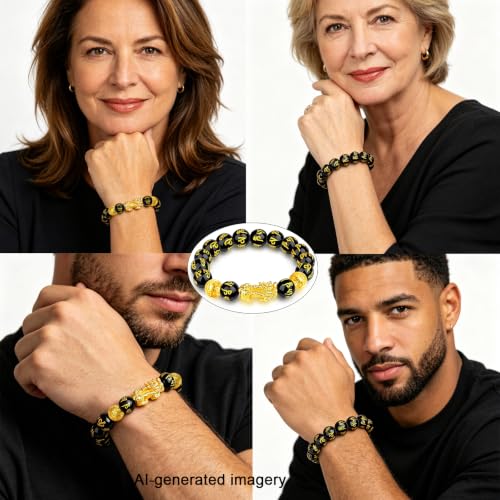 Image of LIYAPEI Black Obsidian Bracelet for Men Women - Feng Shui Wealth & Spiritual Protection Beaded Bracelet with Pi Xiu for Luck, Healing Crystal Stretch Wrist Jewelry, Unisex