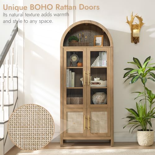Image of 71 inch Tall Arched Display Cabinet, 5-Tier Bookshelf Modern Farmhouse Arched Bookcase with Glass Doors and Shelves, Wooden Pantry Storage Cabinet for Living Room, Office and Kitchen, Caramel Oak