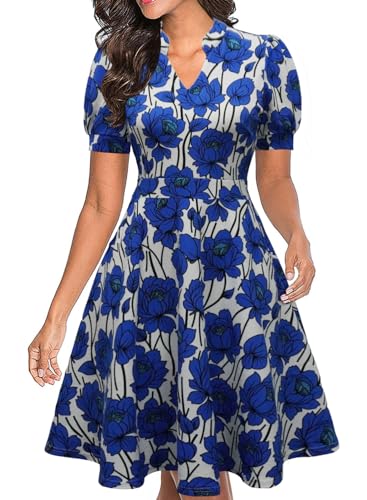 Image of Mokayee Womens Summer Short Puff Sleeve Casual Semi-Formal Fit and Flare Church Wedding Guest Work Dresses with Pockets