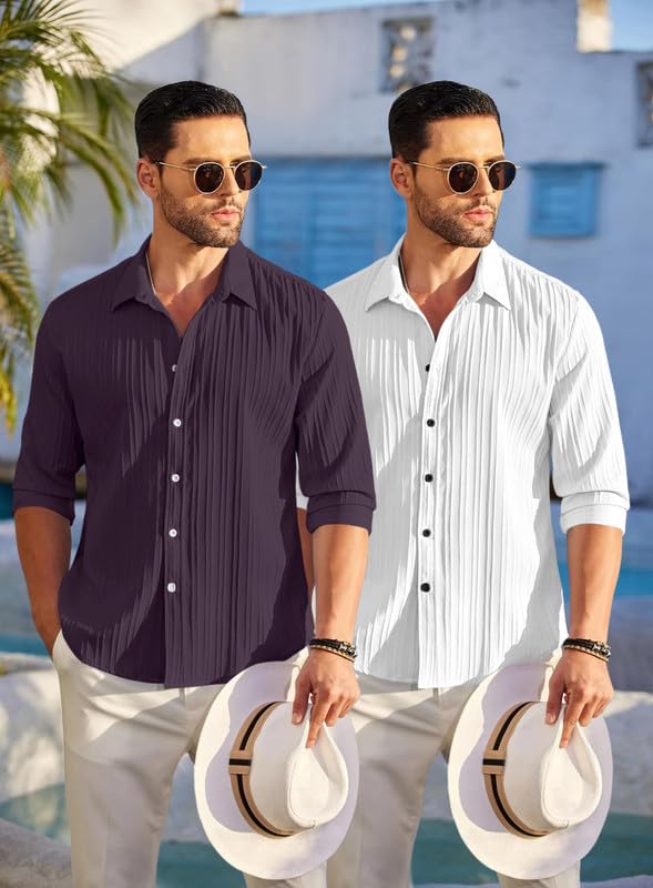 Image of FINIVO FASHION Men's Cotton Blend Shirt Set Lightweight, Full Sleeves, Plain Texture, Button Closure, Summer Ready (Pack of 2)