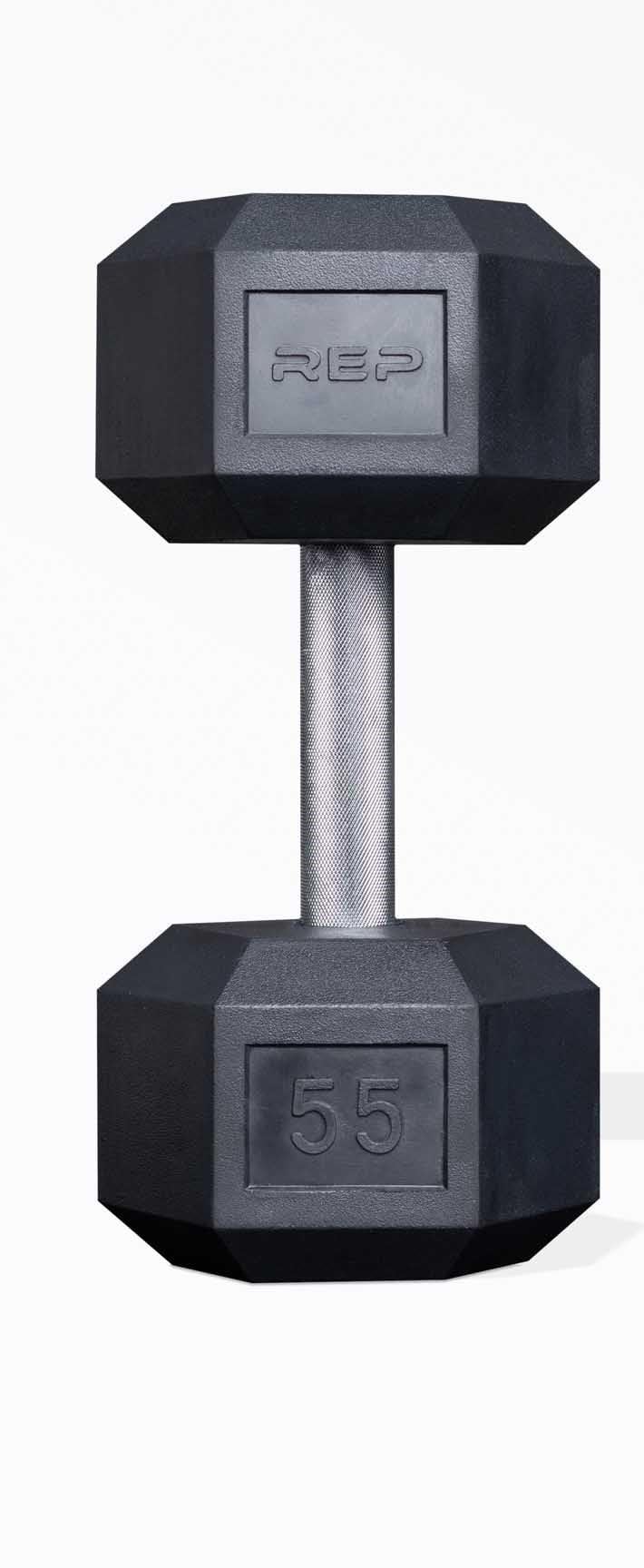 Rep Fitness Rubber Hex Dumbbell(s) - Singles (55LB +) and Pairs (5LB - 50LB) - Low Odor, Fully Knurled Handle