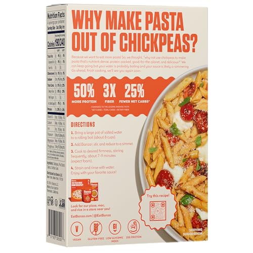 Image of BANZA Chickpea Pasta, Penne - Gluten Free Healthy Pasta, High Protein, Lower Carb and Non-GMO, 8 Ounce (Pack of 6) (PAS101)
