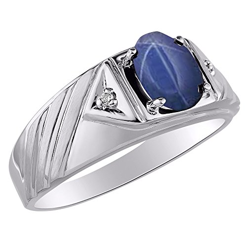 Imagen de RYLOS Anillos para hombre de oro blanco de 14 quilates Anillo de diamantes y zafiro de estrella azul de 8 x 6 mm de color de piedra preciosa para hombres joyería anillos de oro