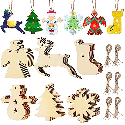 60 pcs Bois Artisanat Arbre de Noël Ornement de Pendaison, Disques de Tranches de Bois de Décoration de Noël de Bricolage, Decoration de Noel Tranches de Bois, DIY Etiquette de Cadeau Noel Cover