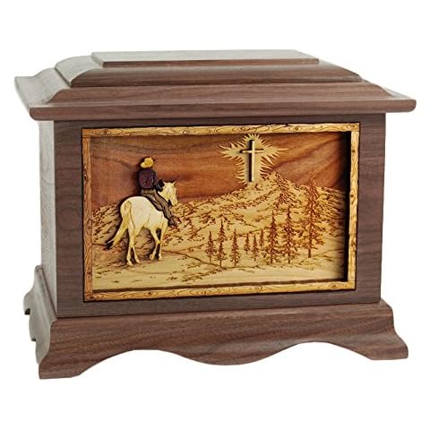 Memorials Forever Wood Cremation Urn - Walnut Horse and Rider on Mountain Cover
