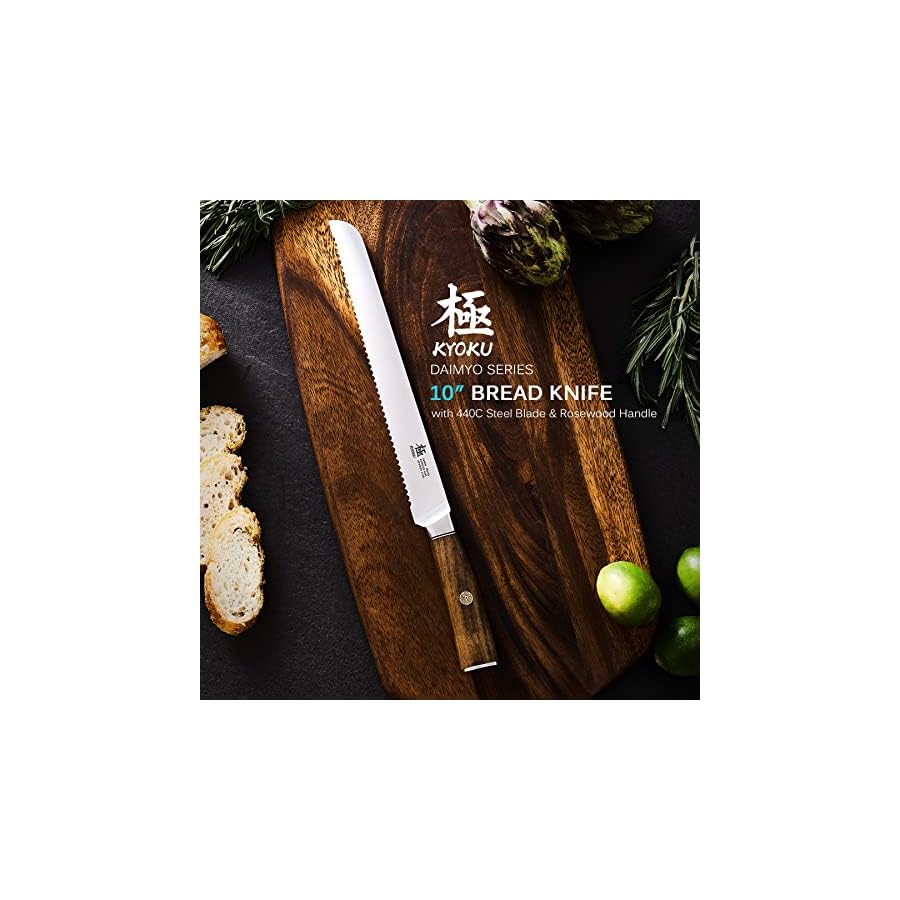 KYOKU-10-Inch-Bread-Knife-Daimyo-Series-Serrated-Knife-with-Ergonomic-Rosewood-Handle-and-Mosaic-Pin-Japanese-440C-Stainless-Steel-Bread-Cutter-with-Sheath-and-Case KYOKU 10 Inch Bread Knife - Daimyo Series - Serrated Knife with Ergonomic Rosewood Handle, and Mosaic Pin - Japanese 440C Stainless Steel Bread Cutter with Sheath and Case