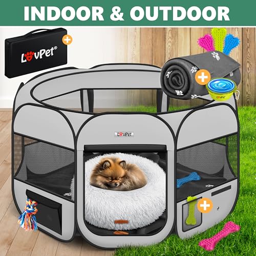 LOVPET® Welpenlaufstall Tierlaufstall Faltbar für Kleintiere Hunde, Katzen Inkl. Hundenapf und Fleece Decke Hundelaufstall Freigehege Oxfordgewebe Pop-up System Indoor & Outdoor, Hellgrau/Schwarz