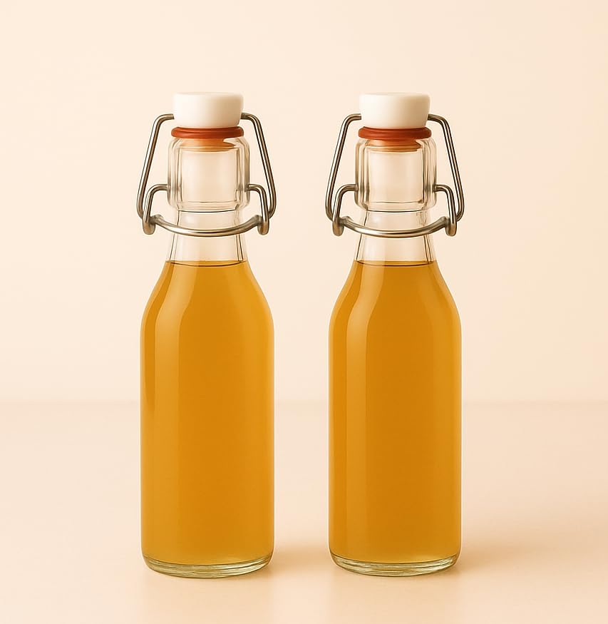 Image of Clear Glass Bottles with Airtight Swing Top Lids - Leakproof Reusable Glass Jars for Juice, Oil, Water, Milk, Kombucha, Vinegar, Beverages - Round, Pack of 2