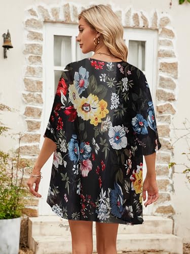 Image of Chunoy Women's Petite Summer Short Sleeve Floral Beachwear Cover Up Blouse Loose Chiffon Kimono Cardigan Black Small