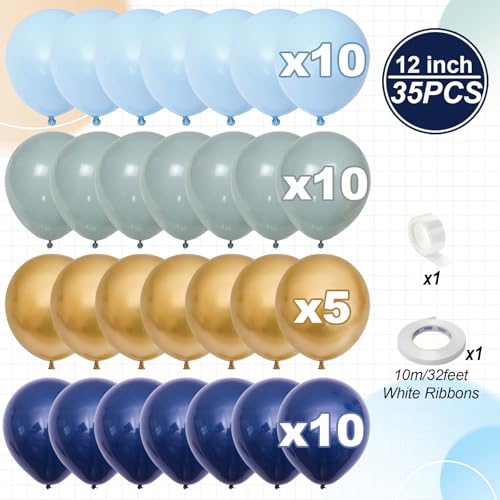 Image of Jobkoo Navy Blue Gold Balloons, 12 Inch Dusty Light Blue Golden Latex Balloon Set for Boys Birthday Winter Wonderland Wedding Baby Shower Party Decorations