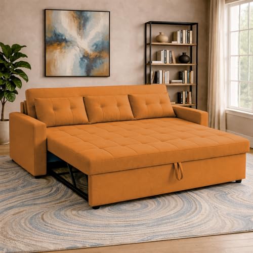 Image of Emilio 3 Seater with Ottomon Pull-Out Sofa Cum Bed (Orange Color) Premium Fabric Sofa Set for Living Room | Bedroom