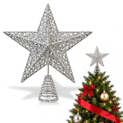 Estrella Plateada para la Punta del árbol de Navidad, Estrella para arbol de Navidad, Accesorios de Navidad, Longitud 15 cm, Color Plateado