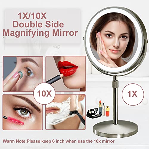 4000Mah Height Adjustable Lighted Makeup Mirror, 8 Inch Makeup Mirror With Led Lights,10X Magnifying Mirror, Rechargeable Tabletop Cosmetic Vanity Mirror,Light Up Mirror With Touch Control, Nickel #TOP4