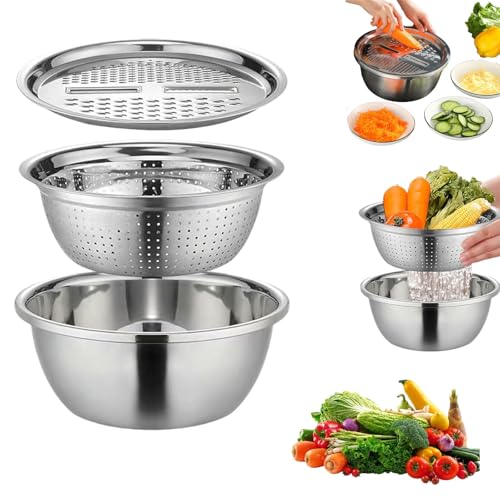 Cuenco multifuncional de acero inoxidable con rallador para cocina, base de acero inoxidable multifuncional, cortador de acero inoxidable 3 en 1 y bandeja de goteo, para verduras, frutas y arrozadores