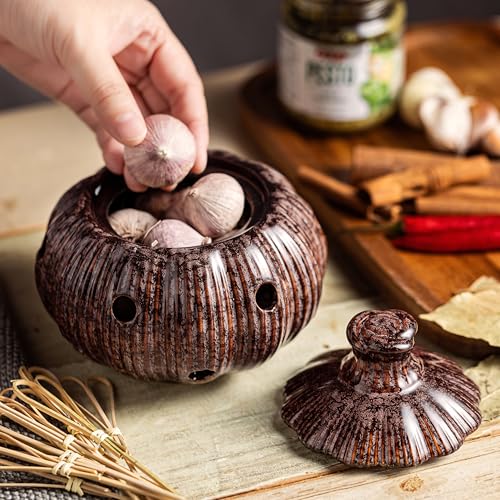 Cormomu Ceramic Garlic Keeper with Lid, Large Garlic Storage Pod, Garlic Container for Kitchen Counter — view 2
