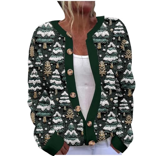Battnot Weihnachten Strickjacke Damen Langarm Weihnacht Cardigan V Ausschnitt mit Knopf Weihnachtsjacke Rentiermuster Lang Strick Weihnachtspulli mit Schneeflockenmuster Weihnachts Strickjacke