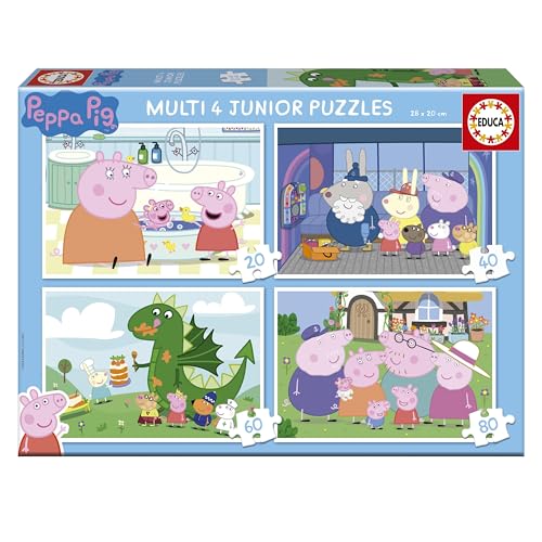 Educa - Peppa Pig | Set de 4 Puzzles Infantiles progresivos de 20 a 80 Piezas. Medida aproximada una Vez montado: 28 x 20 cm. Compuesto por Grandes Piezas Perfectamente acabadas. +4 años (20329)