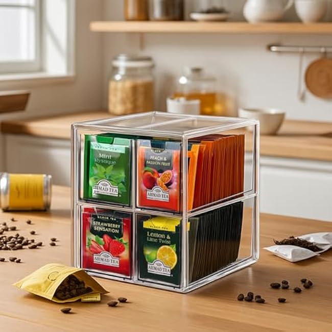 4 Packs Tea bag organizer, Clear Acrylic Tea Organizers And Storage Drawer for Kitchen Cabinet Countertop Office