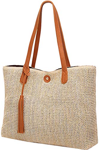 QZUnique Women's Summer Beach Straw Bucket Tote Bag With Tassel Shoulder Bag Purse2