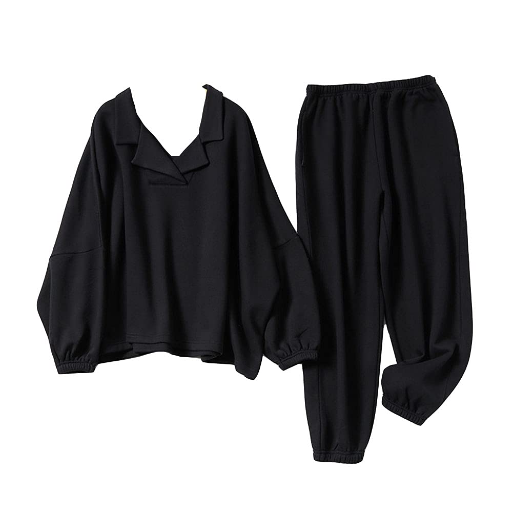 Donna Set Pigiama a Tinta Unita Larghi Indumenti da Notte Caldi Casuali Abbigliamento da casa Felpe con Cappuccio e Pantaloni con Coulisse Morbido da 2 Pezzi Pigiameria da Notte