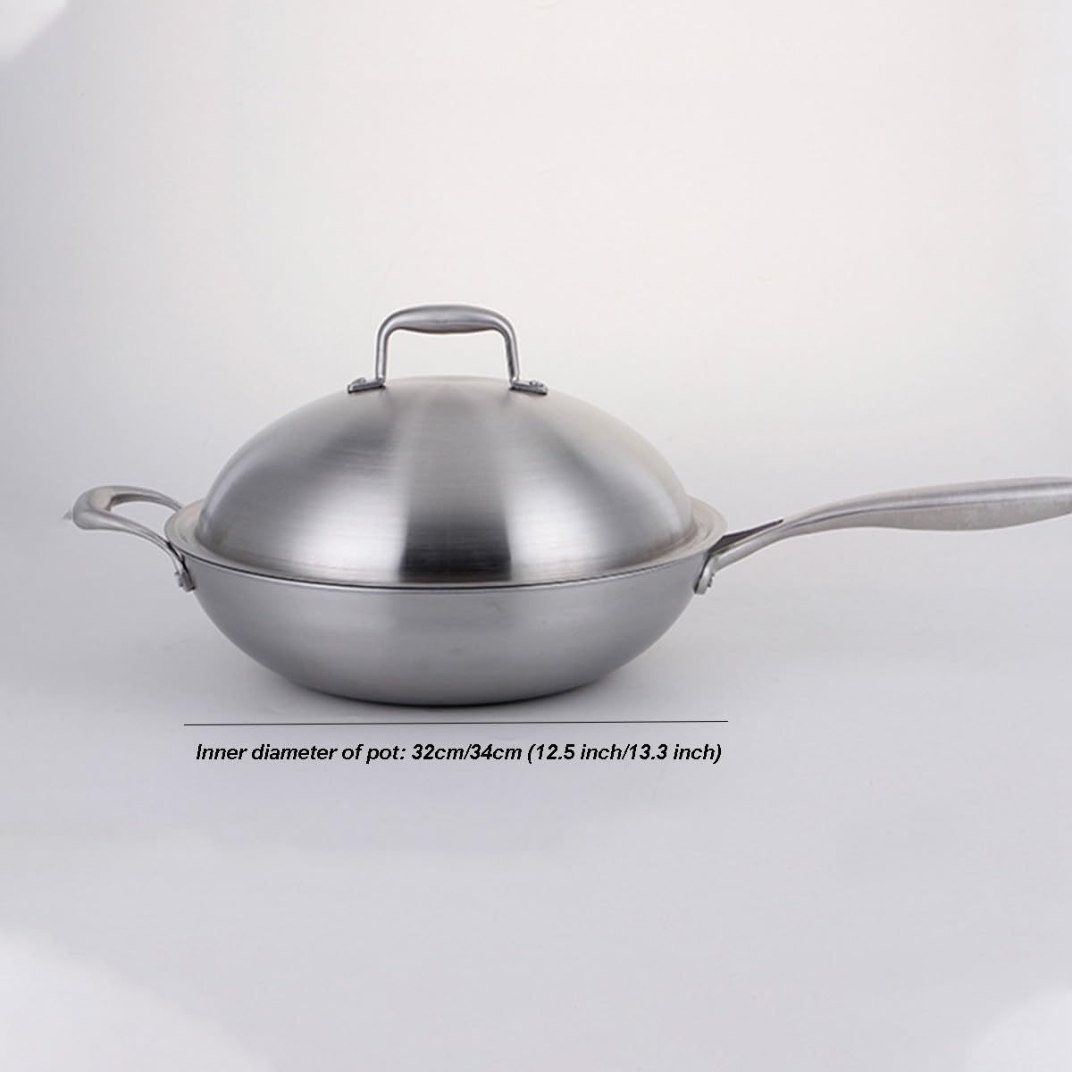 Padella wok antiaderente in acciaio inox da 34 cm, con coperchio, manico ergonomico, fondo piatto, compatibile con cottura a induzione, per mescolare e cuocere