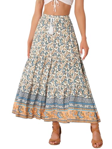 Allegra K Boho Skirt for Women's Casual Peasant Floral Bohemian Tassels Elastic Waist Maxi Skirts