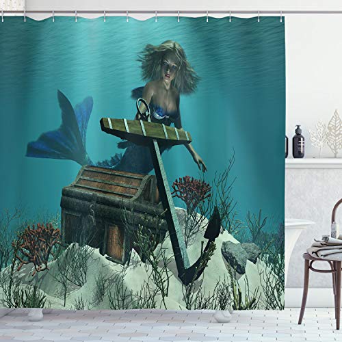 Ambesonne Mermaid Shower Curtain, Mermaid in Ocean Discovering Pirates Treasure Chest Mythical Art Print, Cloth Fabric Bathroom Decor Set with Hooks, 69' W x 70' L, Azure Blue Brown Cream